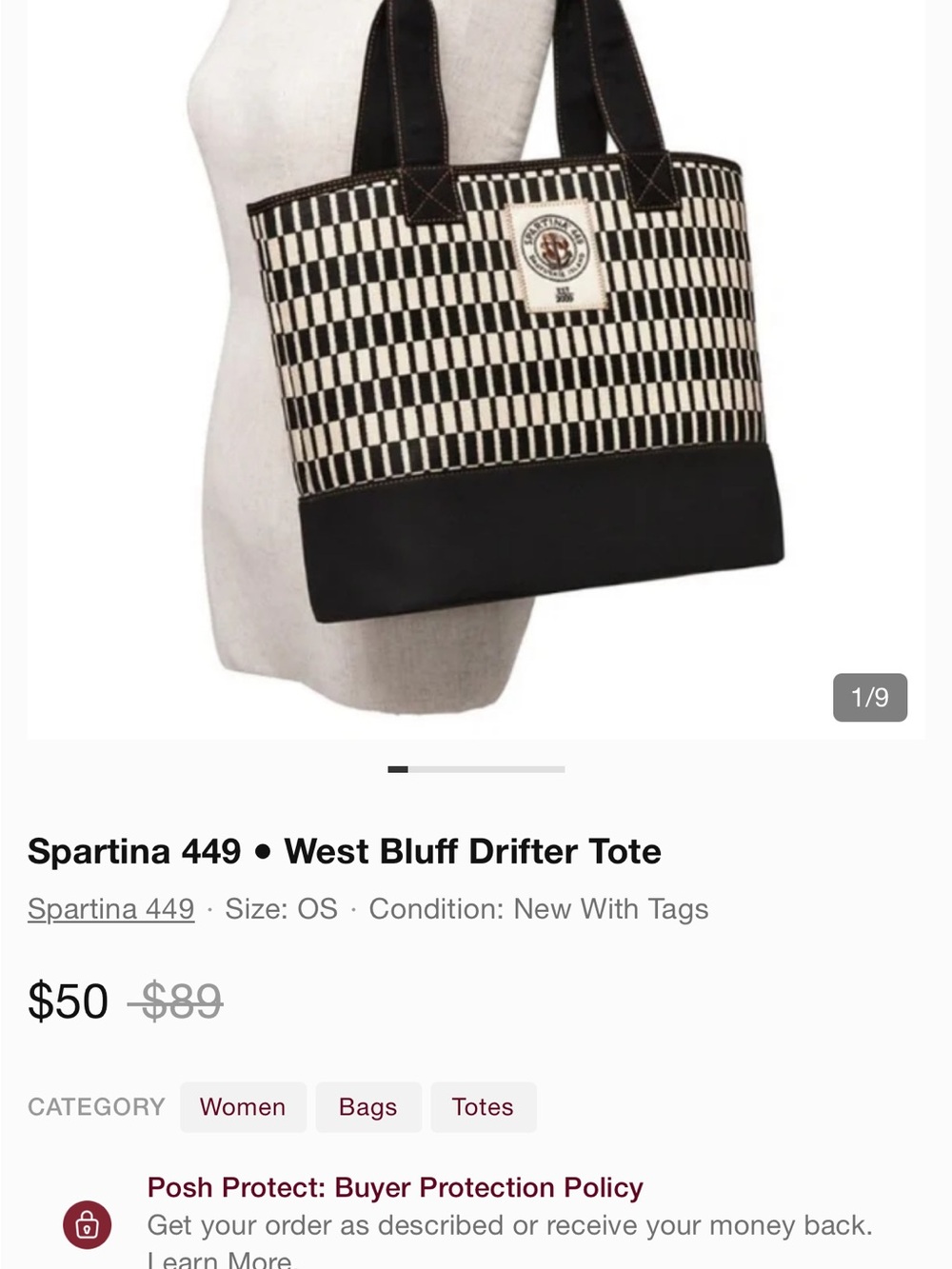 Spartina 449 Black and Cream Check Canvas Tote